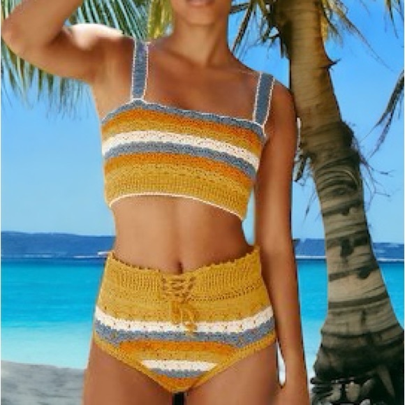 Carolina K Anthropologie Crochet Striped Sm Blue White Bandeau Tank & High Waist - Picture 13 of 15